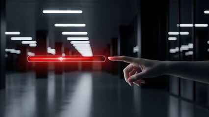 Cinematic Female Hand Interacting with Futuristic Red Interface in Dark Corridor with Neon Lighting Effects