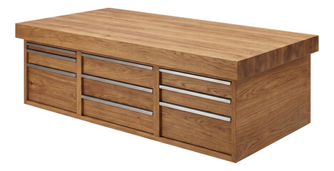 Durable wooden workbench with a thick oak surface and storage drawers, ideal for workshops.