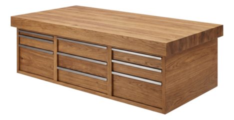 Durable wooden workbench with a thick oak surface and storage drawers, ideal for workshops.