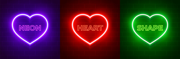 Set of neon light heart icon. Glowing bright purple, red, green hearts neon sign frame on a dark background.