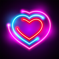 Colorful neon light heart icon. Glowing bright hearts retro neon sign frame on dark background. Elements valentine day festival design.