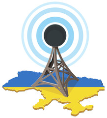 A communication tower positioned on a map of Ukraine with national flag colors (Blue and Yellow). Blue concentric circles represent signal transmission, connectivity, and broadcasting. (cut out)