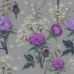 Fashion vector seamless pattern with vintage hand drawn scottish thistle and dandelions