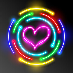 Colorful neon light heart icon. Glowing bright hearts retro neon sign frame on dark background. Elements valentine day festival design.