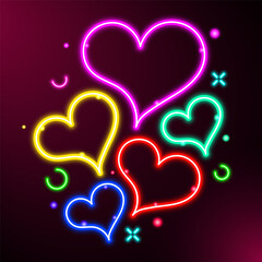 Colorful neon light heart icon. Glowing bright hearts retro neon sign frame on dark background. Elements valentine day festival design.