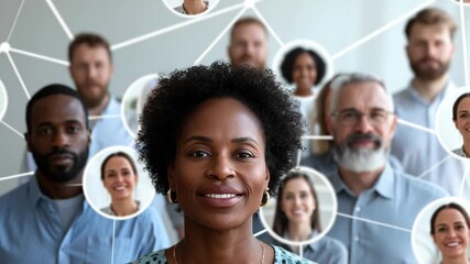 Confident woman leading diverse group of professionals in collaborative environment, showcasing teamwork and connection through visual networking and engagement in modern workspace setting - Powered by Adobe