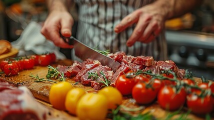 Cutting meat and vegetables on a wooden board highlights culinary skills, creating an atmospheric backdrop for advertising gastronomic courses or restaurant menus.