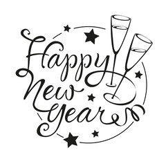 Happy New Year - Encircled Calligraphy with glasses of Champaign 