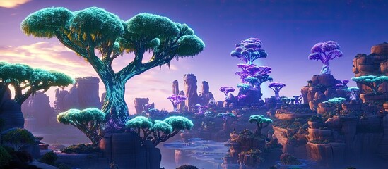 Mystical Canyon of Luminous Trees Glowing in Teal and Violet at Twilight