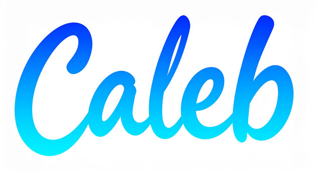 Hand lettering of boy name Caleb in modern brush calligraphy, colorful pastel blue gradient strokes
