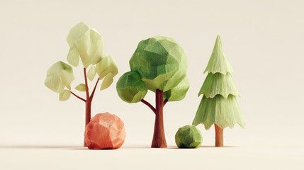 Low poly trees with various shapes and a red rock