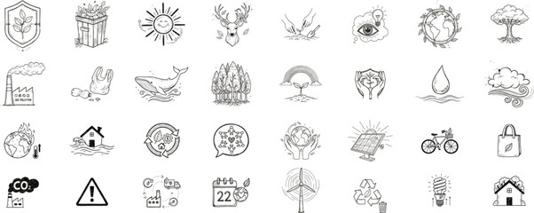 Fototapeta premium Earth Day doodle icon set. Environmental protection sustainability nature and climate awareness hand drawn vector illustration