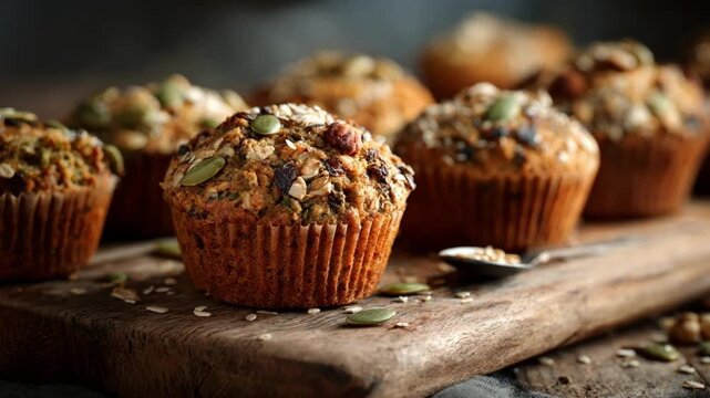 Medium shot of multigrain muffins on a rustic table emphasizing the mix of grains and seeds ideal for a balanced and energizing breakfast.
