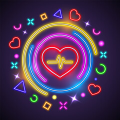 Colorful neon light heart icon. Glowing bright hearts retro neon sign frame on dark background. Elements valentine day festival design.