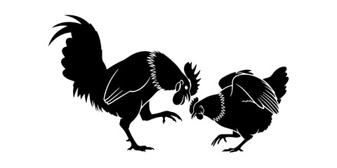 Black silhouette of a rooster and a hen facing each other, farm birds vector © imran