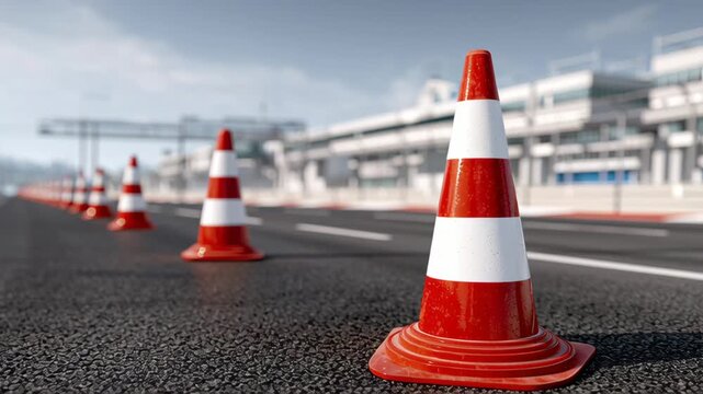 Traffic cones arranged in a row on a racetrack surface showcasing vibrant colors and clear visibility, emphasizing safety measures and organization in a professional racing environment