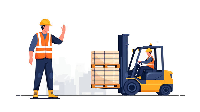 Construction worker and forklift moving pallets of goods.