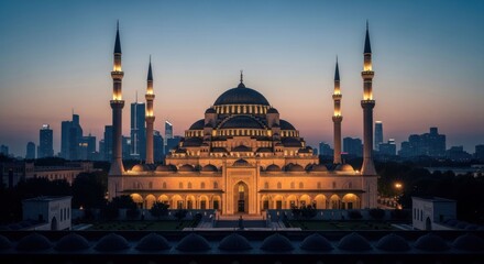Obraz premium Mosque at dawn, illuminated by golden light, with cityscape