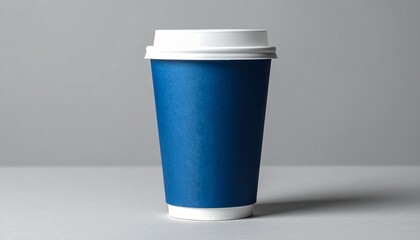 Blue disposable coffee cup with white lid on neutral surface&rdquo;