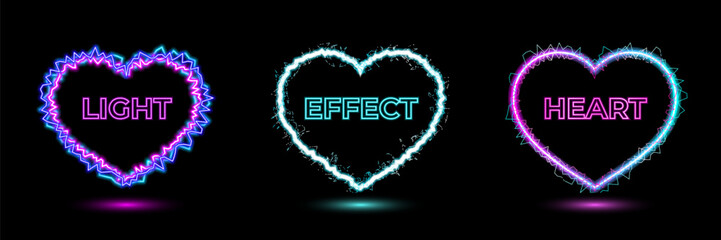 3 unique neon lightning heart frames on a black background.