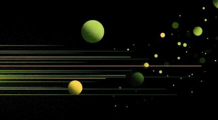 Green and yellow spheres, lines on a black background. Abstract digital artwork