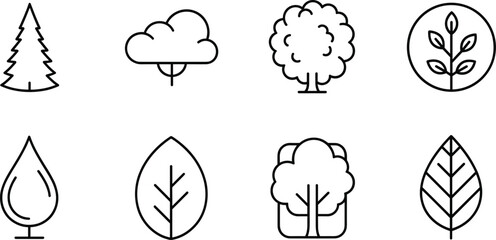 Set of black tree and leaf icons featuring various forest silhouettes including pine oak and botanical foliage isolated on white background thin line vector illustration 