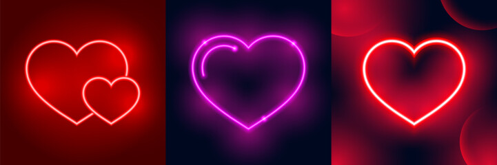 Collector of neon light heart icons. Glowing bright red and purple hearts neon sign. Elements valentine day festival design.
