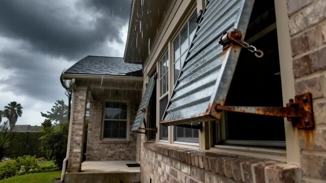 Medium shot of a sturdy home exterior featuring reinforced windows and storm shutters ready to withstand heavy winds and rain.