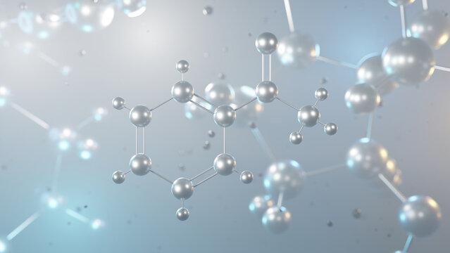 acetophenone molecular structure, 3d model molecule, aromatic ketone structural chemical formula view from a microscope