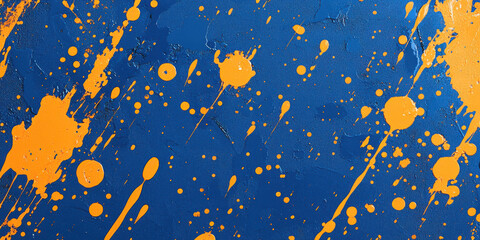 abstract orange paint splatters drops drips on deep blue textured background