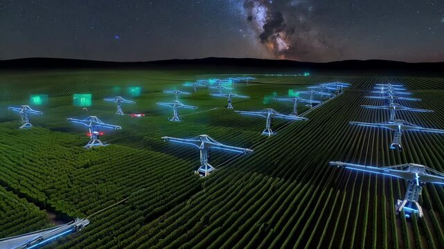 Futuristic agriculture: robotic drones enhancing crop growth under starry night sky