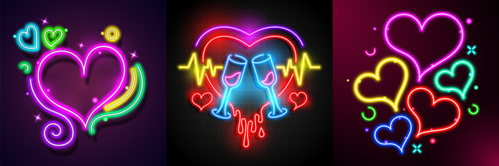 Set of neon light heart icons. Glowing bright red and purple hearts neon sign . Elements valentine day festival design.