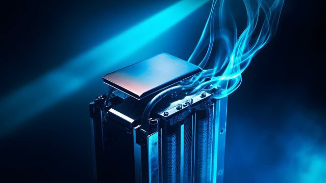 CPU hovering above a liquid cooling block with rising vapor. Industrial lighting highlights thermal engineering.