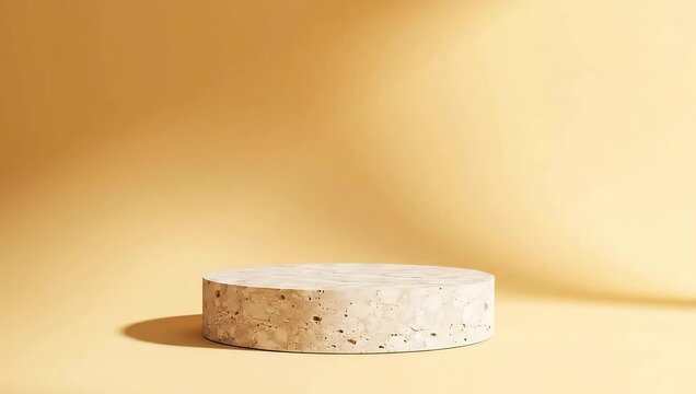 Minimalist Stone Stage: a simple, round stone podium against a warm, neutral backdrop, casting gentle shadows that enhance its texture. This serene scene epitomizes minimalist design.