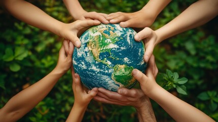 The hands of different people supporting the globe symbolise unity in the fight against the climate crisis — a topical backdrop for social campaigns and environmentalists.