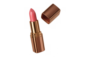 Pink lipstick in a rose gold tube with cap off, showing beauty, fashion, and cosmetic products on transparent background
