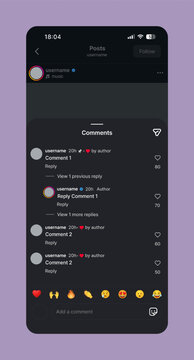 Instagram comments dark mode UI layout. Social media comment interface modern clean. Mobile post interaction screen minimalist design.