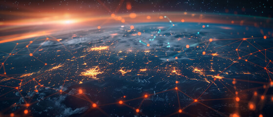 The Earth seen from space, covered with a network of lights and connections, demonstrates global connectivity and modern communications — a universal backdrop 