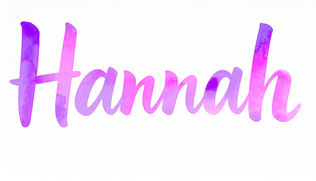 Hand lettering of girl name Hannah in modern brush calligraphy, colorful pastel gradient strokes, cute