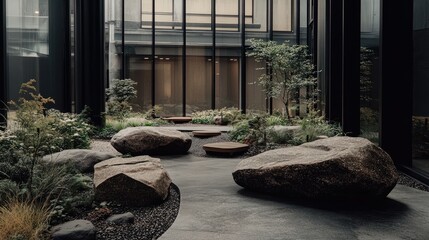 Serene Indoor Garden: Modern Architecture with Natural Elements, Tranquil Ambiance.