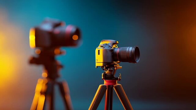 High-quality DSLR cameras on tripods with colorful background for photography enthusiasts