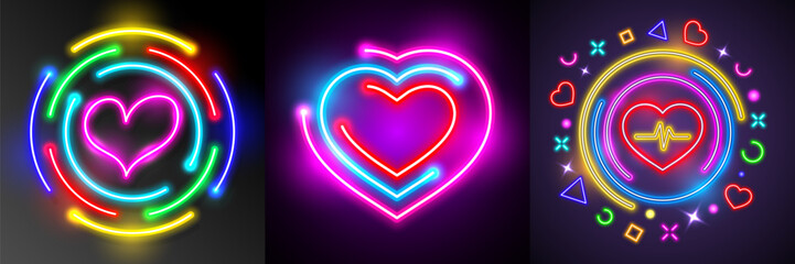 Set of neon light heart icons. Glowing bright red and purple hearts neon sign . Elements valentine day festival design.