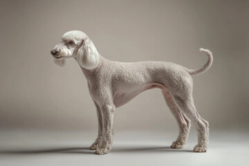 Bedlington Terrier poses in a studio on a neutral background. Soft light highlights its unique lamb-like coat and curved profile. Clean stock composition