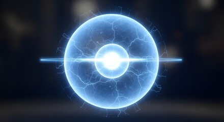 A cinematic 3D render of a luminous blue plasma sphere containing a bright white core and electric lightning bolts, centered on a dark background.