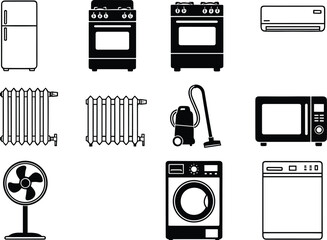 Set of black home appliance icons and silhouettes featuring refrigerator stove air conditioner radiator vacuum microwave fan washing machine and dishwasher isolated on white background 