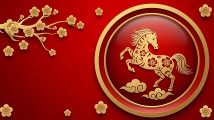 Celebration of Chinese New Year with gold horse and red lantern emblem