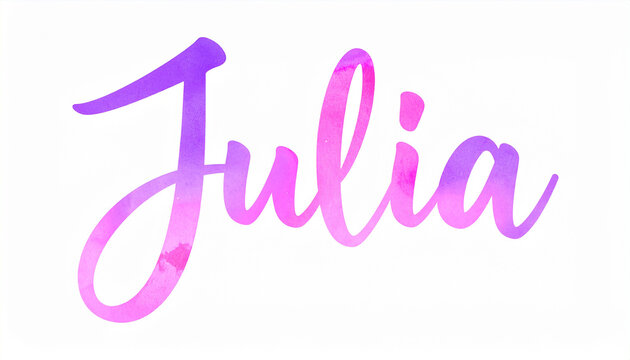 Hand lettering of girl name Julia in modern brush calligraphy, colorful pastel gradient strokes, cute