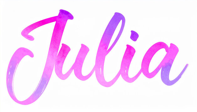 Hand lettering of girl name Julia in modern brush calligraphy, colorful pastel gradient strokes, cute