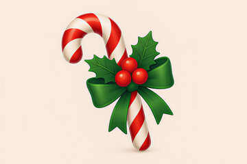 Candy cane 3d icon set with green red ribbon and holly berry sprig decoration. Vector illustration. Merry Christmas Happy New Year candycane sweets, santa gift. Element for holiday poster flyer card