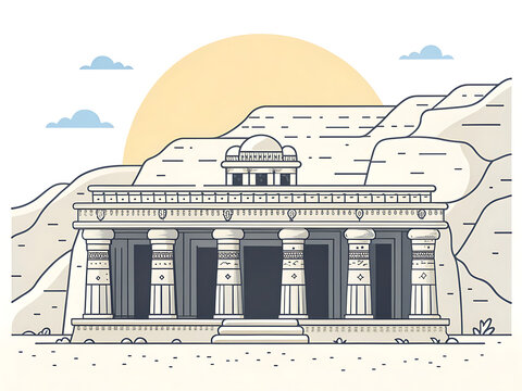 Elephanta Caves, minimalist vector-style, island cave temple